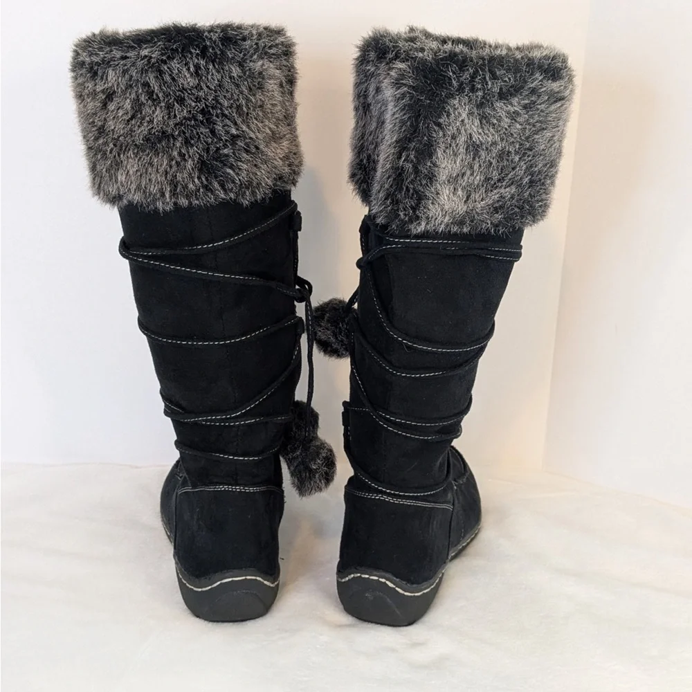 Cozy & Warm Black Faux Fur Topper Full Zipper With Pom Pom Laces Size 8 - Picture 3 of 7